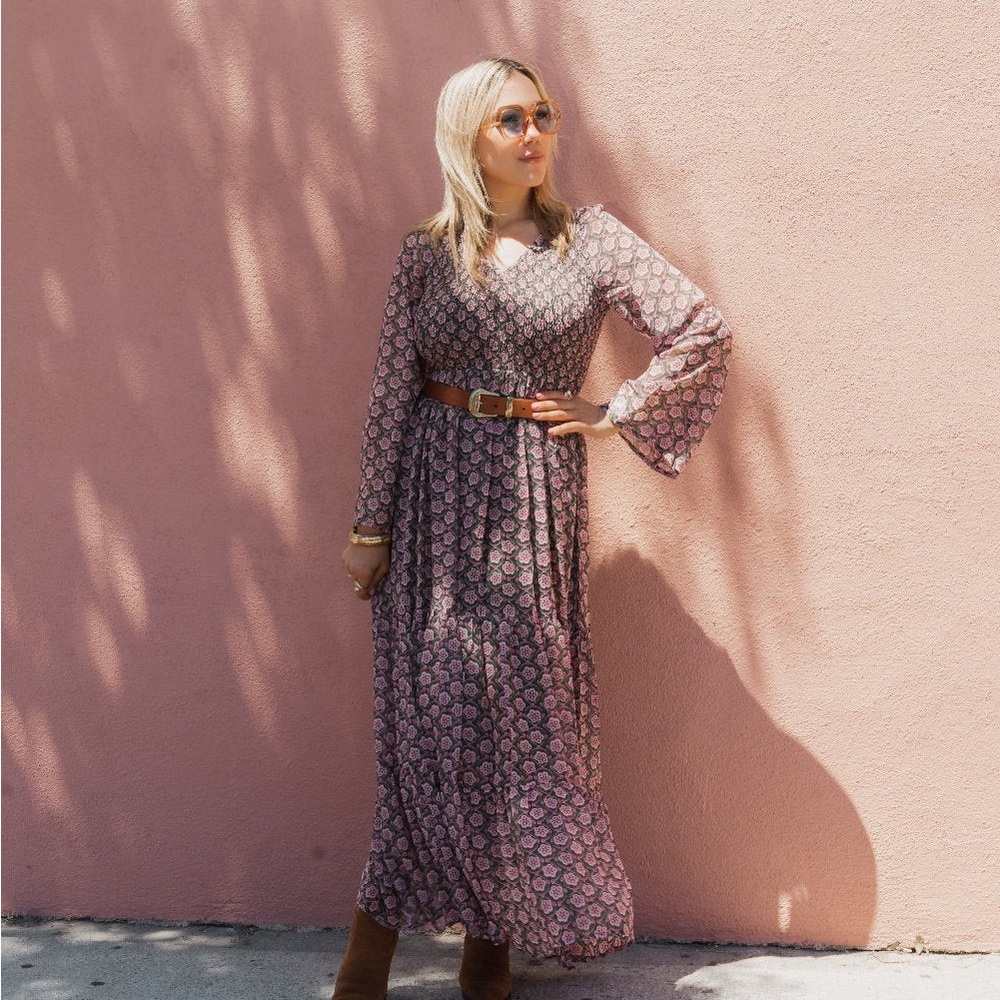 Molly Bracken Pink Floral Long Sleeve Smocked Dress